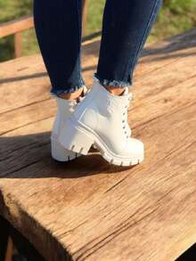 Botas De Mujer Cortas Tacón Grueso Cómodas Cierre Lateral Suela Antiderrapante - Beis - Ver 3