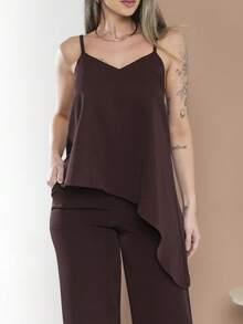 Asymmetric Blouse Set With Elegant Palazzo Pants C3142 - Coffee Brown - View 5
