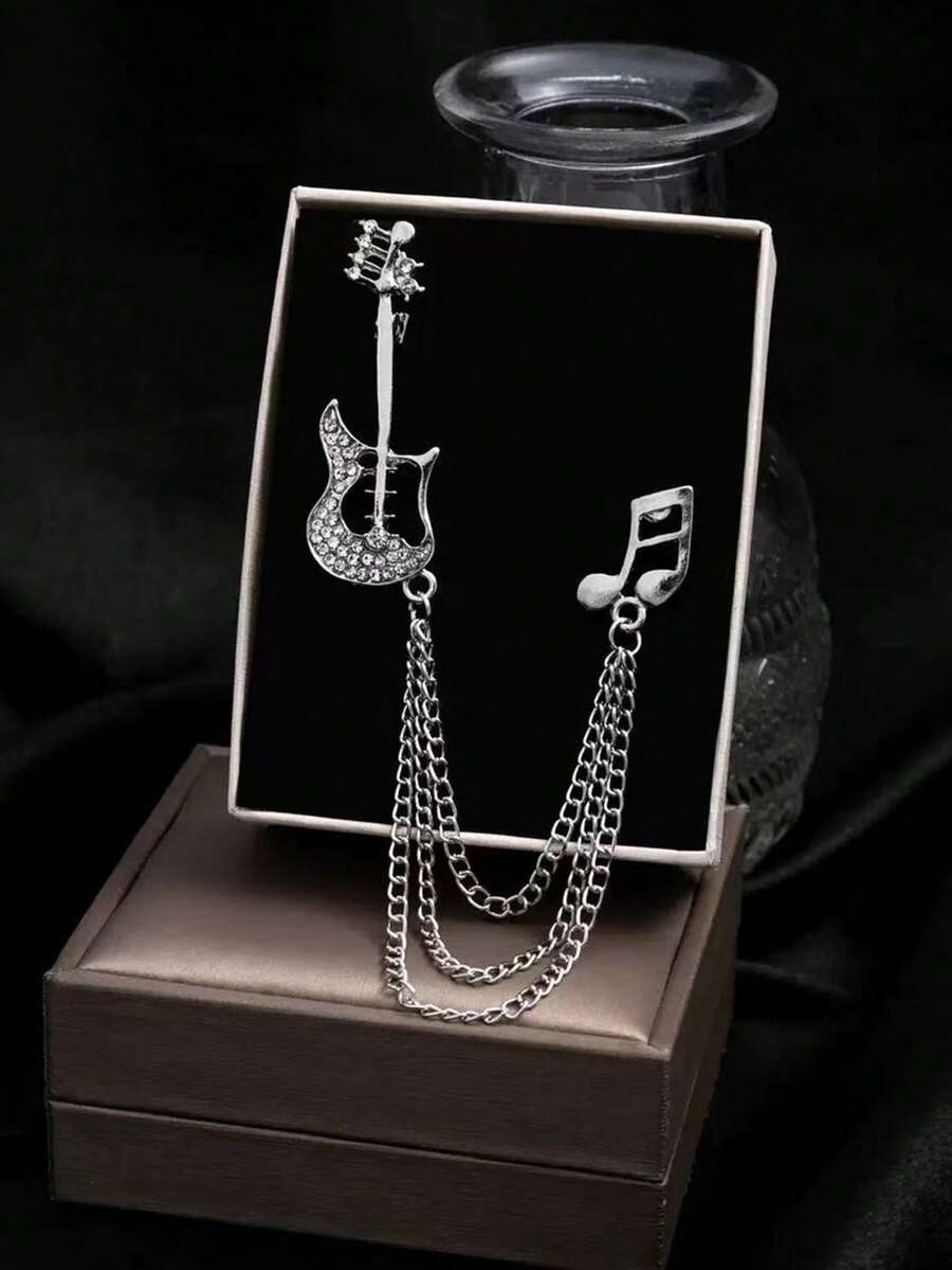 1pc Men's Guitar Music Note Brooch With Rhinestones And Tassel, Elegant Shirt Apparel Accessory