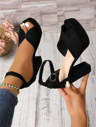 Women's Summer New Chunky Heel Strap Buckle Sandals, Fashion Sexy High Platform T-Stage Super High Heel Open Toe Black Suede Pumps