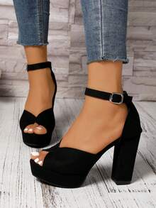 Women's Summer New Chunky Heel Strap Buckle Sandals, Fashion Sexy High Platform T-Stage Super High Heel Open Toe Black Suede Pumps - Black - View 4