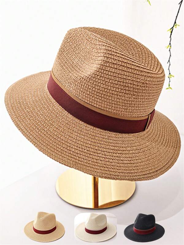 Unisex Summer Panama Straw Hat, Cowboy Hat, Boho Decor, Beach Sun Hat, Fashion UV Protection Hat, Collapsible Straw Hat, Suitable For Outdoor, Casual, Travel, Beach, Daily Matching, Unisex