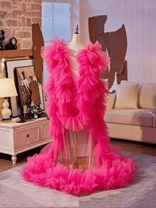 欧美风格新娘头纱带拖尾披肩，活动主持人和晚礼服配饰 - 玫紅色 - 查看 6