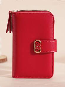 Fashion Butterfly Gold Lock Folding Minimalist Elegant Fresh Solid Color Wallet Zippered Wallet Red Color For Women Wallet Purse Wallet Cute Wallet Wallet Mini Wallet Small Wallet - Red - View 3