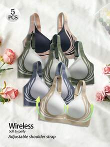 5 件套女士绿色、黑色、蓝色、白色撞色钩扣文胸，舒适透气半垫聚拢和侧滑运动瑜伽文胸 - 彩色 - 查看 5