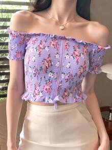 Estampado Integral Floral Brillo Bohemio Fruncido Volante fruncido ANUDADO Noche de fiesta  Estampado Integral  Floral  Brillo    Bohemio    Fruncido  Volante fruncido  ANUDADO    Noche de fiesta - Púrpura malva - Ver 3