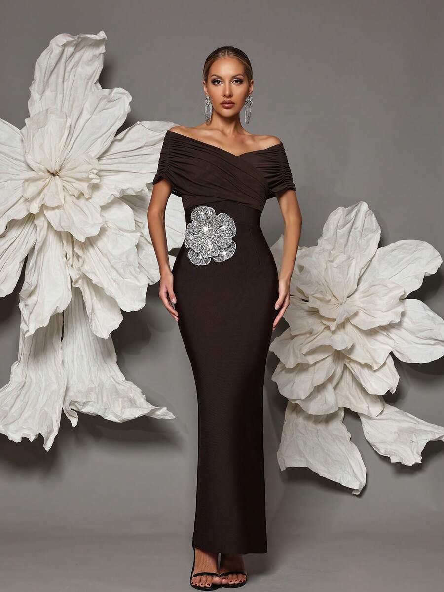 露肩绷带针织紧身连衣裙，性感欧式风格，适合家庭聚会、派对、宴会