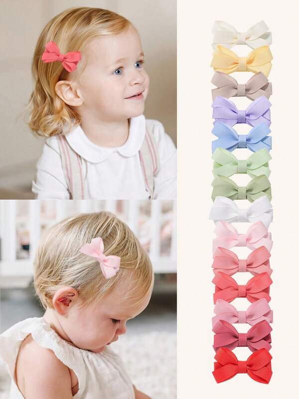14PCS Per Set Random Macaron Cols 2" Mini Bow Full Lined Hair Clips,Baby Girls Grosgrain Ribbon Bows Tiny Hair Clips For Girls Infants Toddlers