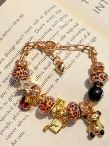 1pc Back-To-School Leopard Print Teddy Bear Charm Bracelet, Streetwear Star Bracelet, Graduation Cap Bracelet, Renaissance Style Teddy Bear Bracelet, Dark Skeleton Charm Bracelet - Gold - View 10