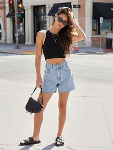 Women's Fashionable Versatile Raw Hem Denim Shorts