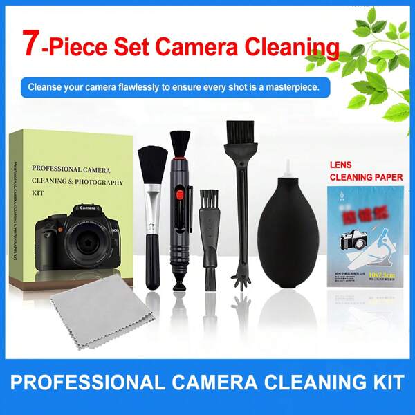 Kit profissional de limpeza para câmera com 7 peças, inclui escova de limpeza, soprador de ar, lenço de papel para lentes, etc. Adequado para limpeza e manutenção de câmeras fotográficas. Pode limpar profundamente a lente, o corpo, remover poeira e manchas, além de cuidar das peças delicadas da câmera. Ferramenta essencial para entusiastas e profissionais da fotografia.