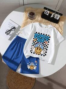 2 piezas Conjunto suave de niño preadolescente con estampado divertido de "Mamá's Boy", de manga corta y pantalones cortos, para uso diario de primavera y verano, ropa para niños