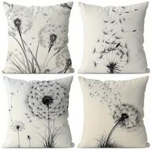 [] Set Of 4, Dandelion Print Pillowcase, Simple Theme, Black And White Furniture Decoration, Zipper Design, Polyester Material Easier To Clean, Surface Fleece For More Comfortable Touch, Suitable For Living Room And Bedroom