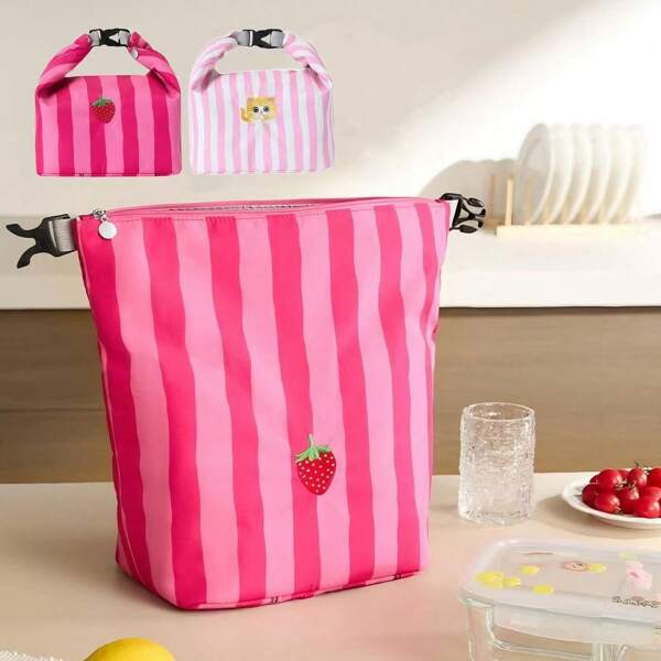 1PC Adorable Strawberry/Cat Print Large Lunch Tote - Waterproof Food Bag, Portable Cosmetic Organizer, Perfect For Picnics/Sports/Shopping/Travel/Home Storage,Back To School
