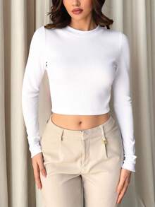 Blusa dama mujer sexy básica cómoda tejido stretch acanalado cuello redondo manga larga bajo regular casual día noche calor frío primavera verano otoño comida cena fiesta deporte calle - Blanco - Ver 1