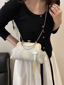 Túi cầm tay xích tua rua mới 2025, Túi xách nữ cho những dịp trang trọng, Túi cầm tay thời trang có dây đeo vai, Màu trơn [Họa tiết hoa ngẫu nhiên] - Màu xanh lam - Xem 5