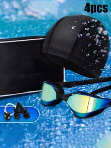 4 件套黑色硅胶电镀游泳镜套装，适合成人 - 高级 PC 材质 - 包括镜片、泳帽、鼻夹、耳塞 - 男女专业游泳装备