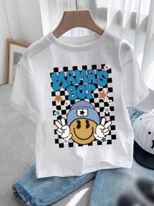 2 piezas Conjunto suave de niño preadolescente con estampado divertido de "Mamá's Boy", de manga corta y pantalones cortos, para uso diario de primavera y verano, ropa para niños