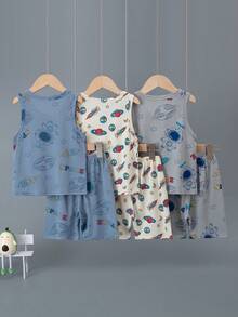 6pcs/Set Toddler Boys' Cartoon Digger/Dinosaur Print Vest & Shorts Pajama Set, Lightweight Summer Homewear