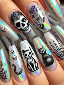 3D 万圣节骷髅美甲贴纸 2 件黑蓝色彩色恐怖骷髅手猫蜡烛漂流瓶星形骷髅字母蜈蚣卡通美甲贴花 DIY 万圣节派对装饰节日美甲主题装饰万圣节装饰 - 彩色 - 查看 9