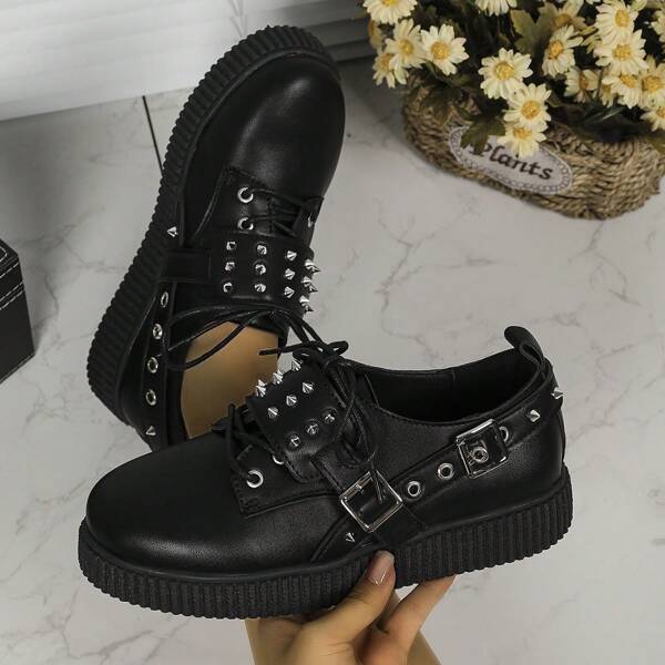 1 paire de bottes plates style gothique femme, couleur unie, style punk avec boucle, convient pour toutes les saisons