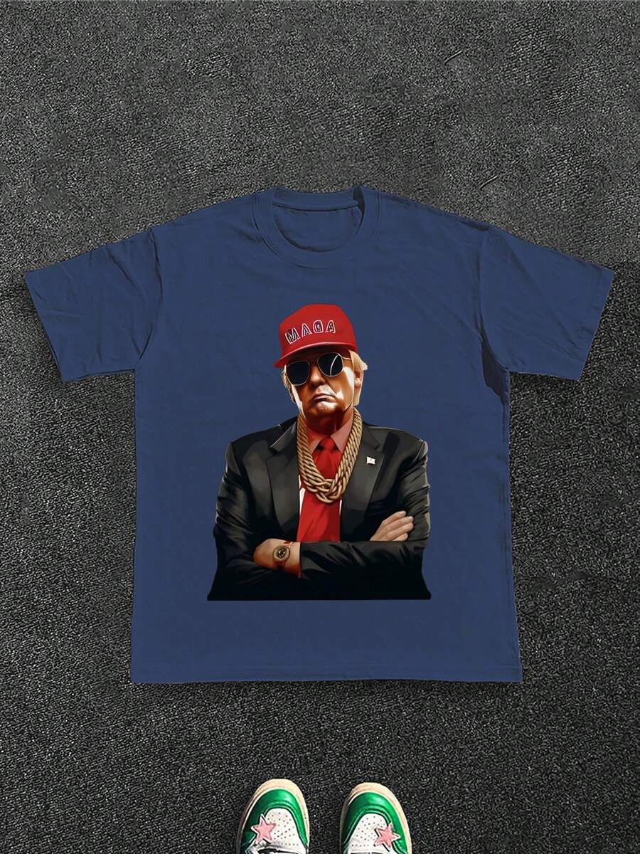 Stylish Heavy Cotton Men's TShirt, 220gsm Pure Cotton, Unique Donald Trump Rapper Design, Perfect For Casual Wear, Ideal For Men Who Appreciate Bold Fashion Statements, A Great Gift Choice. - Màu xanh lam - Xem 1