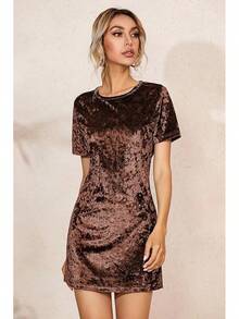 Women's Summer Short Sleeve Crushed Velvet Short Dresses - Brown - View 3