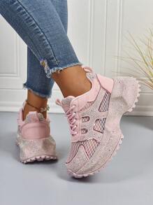 Women's Casual Sneakers With Colorblock, Breathable, Anti-Slip Sole, Rhinestone Decor, Chunky Platform, Unique Design, Versatile, Comfortable, Suitable For All Seasons, Retro College Style