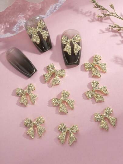 10Pcs/Pack Golden Metal Bows Nail Art Charm 3D Alloy Silver Bowknot Ribbon Nail Decor Parts Diy Luxury Manicure Accessories Nail Charms Nail Gems Nail Supplies Nails