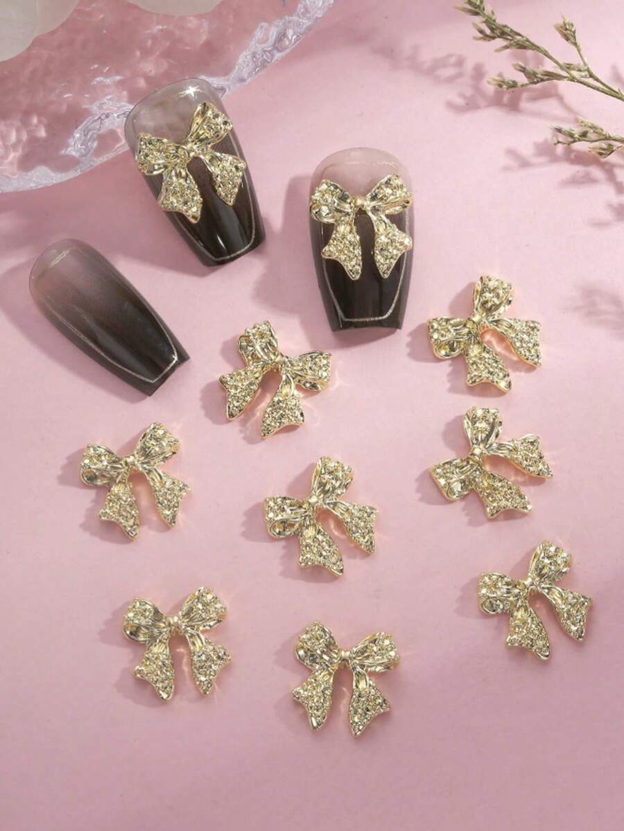 10Pcs/Pack Golden Metal Bows Nail Art Charm 3D Alloy Silver Bowknot Ribbon Nail Decor Parts Diy Luxury Manicure Accessories Nail Charms Nail Gems Nail Supplies Nails - Gold - View 1