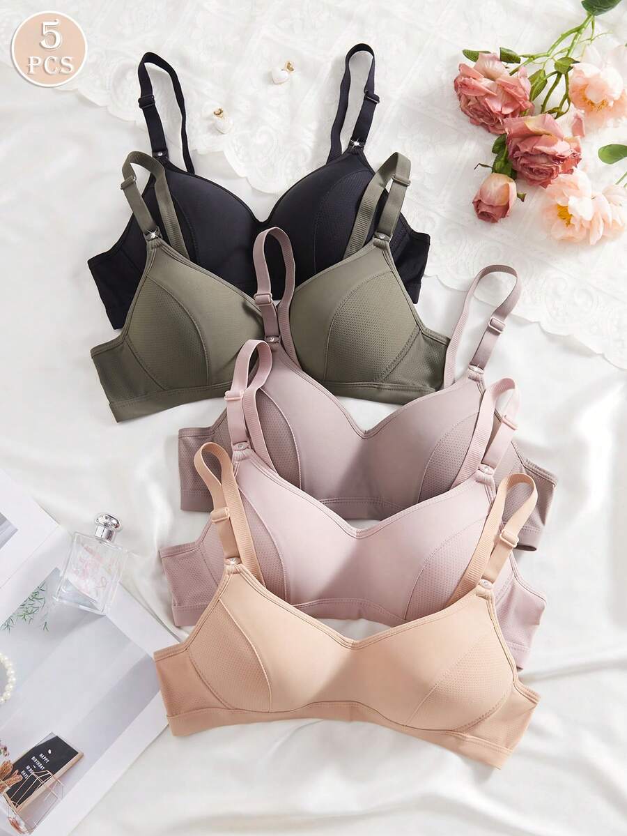 5 件女士舒适睡眠无钢圈透气软杯纯色无钢圈内衣文胸 - 彩色 - 查看 1