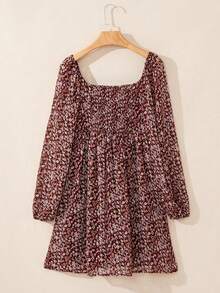 Acelitt 碎花聚拢胸前褶饰拼布后背灯笼袖夏装