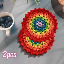 2/7 Peças Porta-copos de Crochê Feitos à Mão Boêmios, Rendas Redondas Multicoloridas, Jogos Americanos Vazados Resistentes ao Calor, Descansos de Copo e Garrafa de Crochê para Festas, Casamentos, Reuniões de Mesa, Melhor Presente