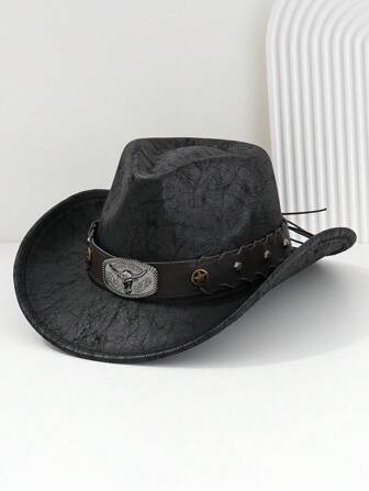 1 件男女通用西部牛仔帽，PU 皮革搭配金属牛铆钉腰带配饰，适合派对、西部主题活动、毕业典礼、化妆舞会、节日、音乐节