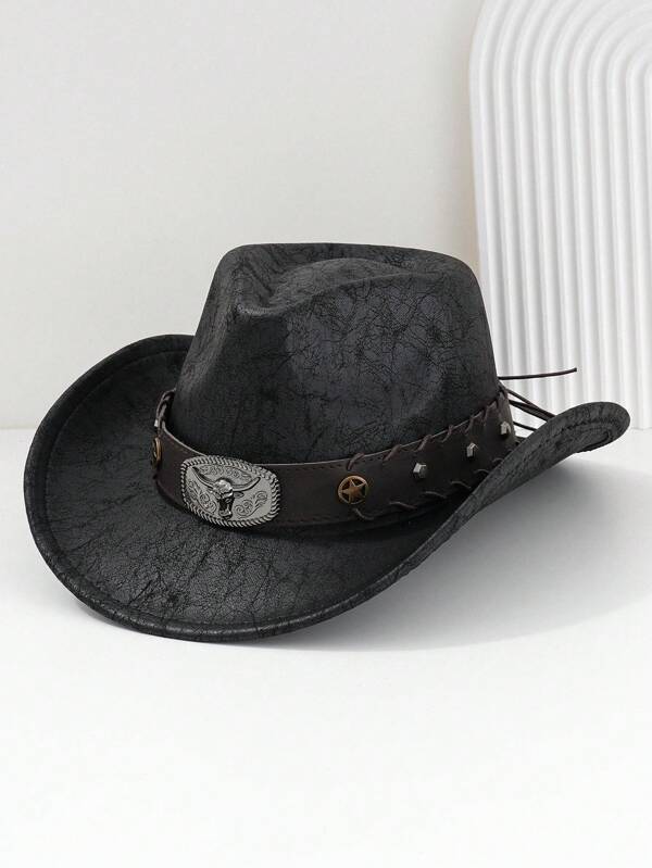 1pc Unisex Western Cowboy Hat, PU Leather With Metal Bull Rivet Belt Accessories, Suitable For Party, Western Theme Events, Graduation, Masquerade, Festivals, Music Festivals