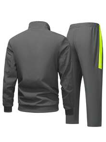 Men's Color-Blocked Zipper Sports Letter Print Sweatpants Set, Casual Fashion And Comfortable Sportswear For Everyday Wear, Suitable For Gym And Outdoor Activities Two-Piece Pack - 灰色 - 查看 2