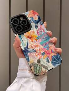 1pc Pastel Blue & Pink Marine Life Patterned Vertical Stripes Faux Leather Anti-Drop Soft Phone Case Compatible With Apple And 16/16 Plus/16 Pro/16 Pro Max Waterproof Shockproof Scratch Resistant - Multicolor - View 3