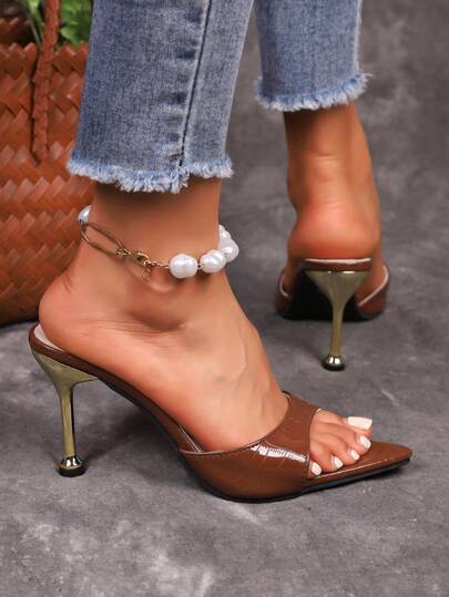 Women Solid Color Sexy Ruffle Pearl Embellished High Heel Sandals, Suitable For Party, Office, Home And Wedding, Summer
