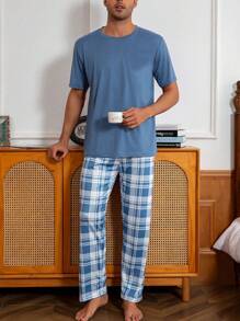 2pcs Men's Lightweight Round Neck Short Sleeve Contrast Plaid Print Pocket Pajama Set,Casual Simple Home Outfit, Spring/Summer