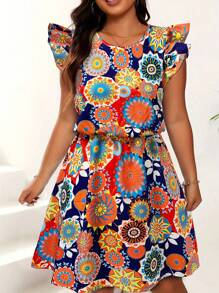 Women's Plus - Size Summer Floral Dress, Flutter Sleeve Round Neck, Ideal Vacation Outfits Women, Flowy Dress Summer For Beach & Casual, Must - Have Summer Clothes With Colorful Pattern