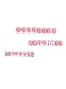 Instantly Upgrade Your Look With 96pcs Short Square White Sweet 3D Pink Floral Petal&Classic Black White French Style Irregular Zebra Stripe&3D Pink Bow-Knot&Laser Glitter  Rhinestone Charms Homemade Y2k Style Full Cover Fake Press On Nail Kit Suitable For Daily And Dating Will Give Your Look A Romantic,Lovely,Pretty