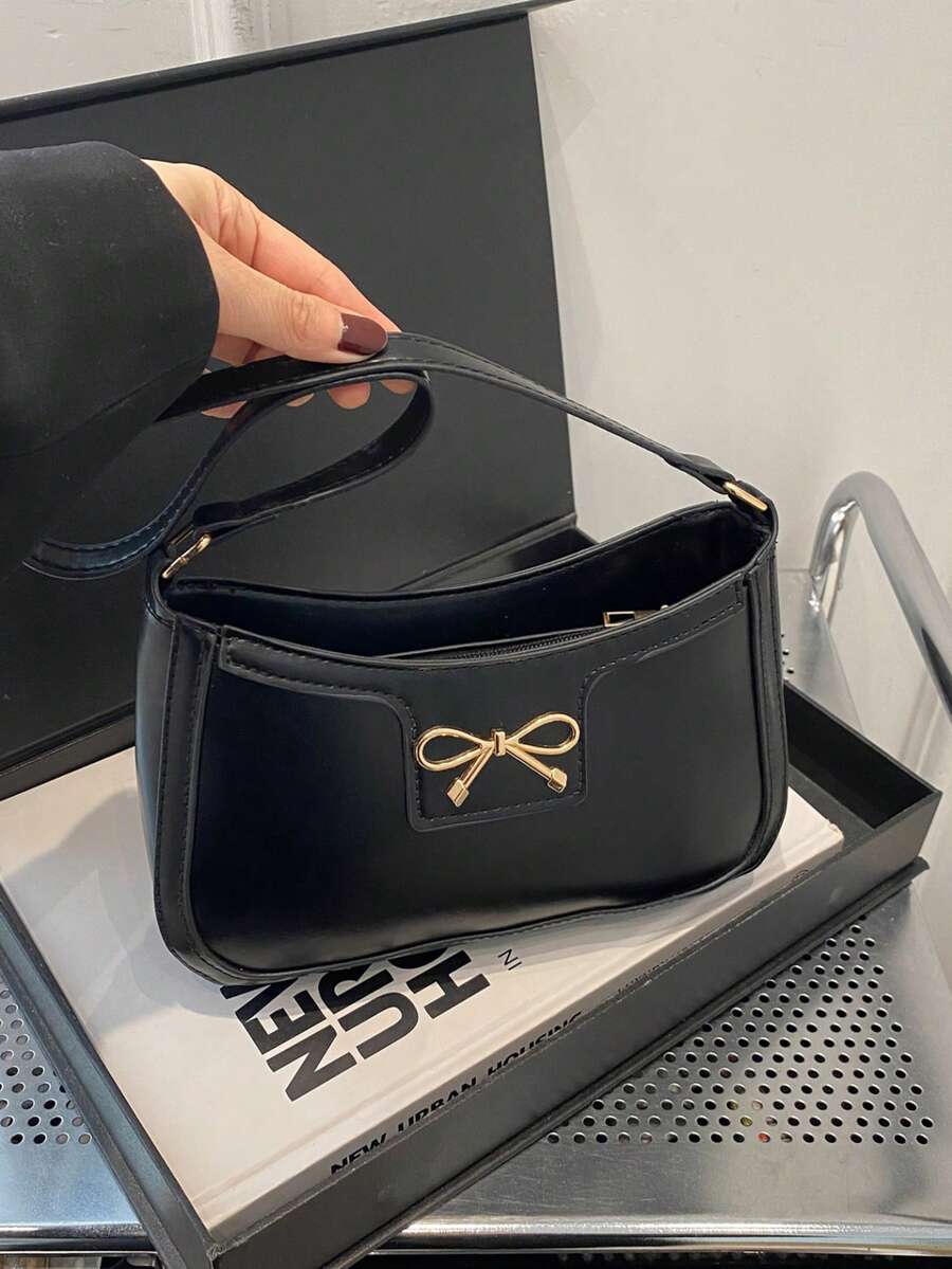 New Fashion Casual Women's PU Solid Black Bow Metal Decor Underarm Coin Purse Makeup Bag, New Fashion Classic Wild Pattern Decoration Design Solid Color Pu Waterproof Fabric Shoulder Crescent Bag Underarm Bag Is Suitable For Shopping And Can Be Slung