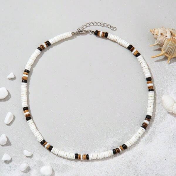 1pc Unisex Summer Beach Shell & Coconut Beaded Necklace, Fashionable Hawaii Miami Resort Casual Surfing Jewelry