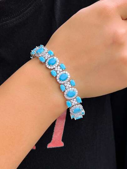 1 pieza Pulsera de lujo con turquesa azul gruesa y circonita cúbica grande para compromiso, concurso de belleza, boda y fiesta para mujeres, accesorio de joyería de alta gama