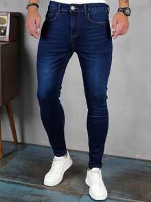 1pc Men's Blue Slim Fit Stretch Zipper Pocket Denim Long Pants - Medium Wash - View 5