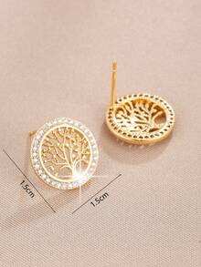 1pair Classic Round Hoop Earrings With Tree Shaped Zirconia Inlay, Suitable For Women's Daily Wear - Gold - View 3
