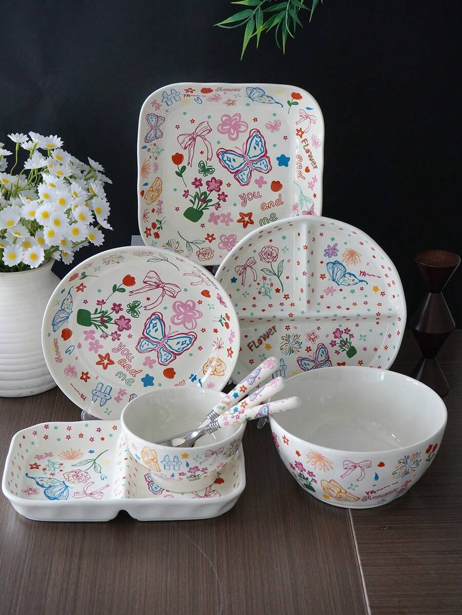 Cabin Kangaroo 1件爱丽丝梦游仙境系列碗盘，高品质，可爱的蝴蝶图案，家用餐具，送礼佳品，奶油色调，温柔治愈，童话世界之美，生动的蝴蝶画，浪漫用餐，传达温暖的思念 - 塗鴉Q喵 - 查看 1