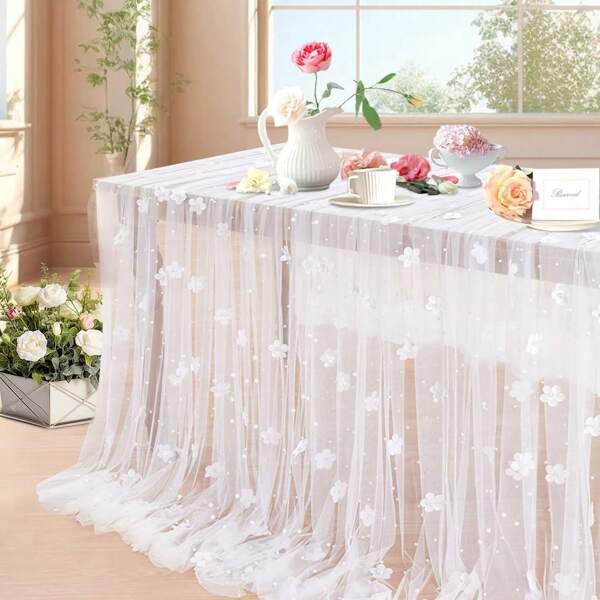 1pc White Flower Lace Table Cloth, Romantic Outdoor Wedding Table Decor With Pearls And Flowers, Party Banquet Tabletop Dessert Decor Tablecloth, Birthday Holiday Arch Backdrop Semi-Transparent Gauze