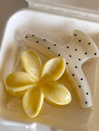 2 件/1 件女士亚克力波尔卡圆点、黄色大理石印花、花朵、发夹、简约时尚设计、适合发髻发型、海滩、旅行、夏威夷风格配饰、适合日常使用（波尔卡圆点随机）秋冬爪夹发饰女士度假装