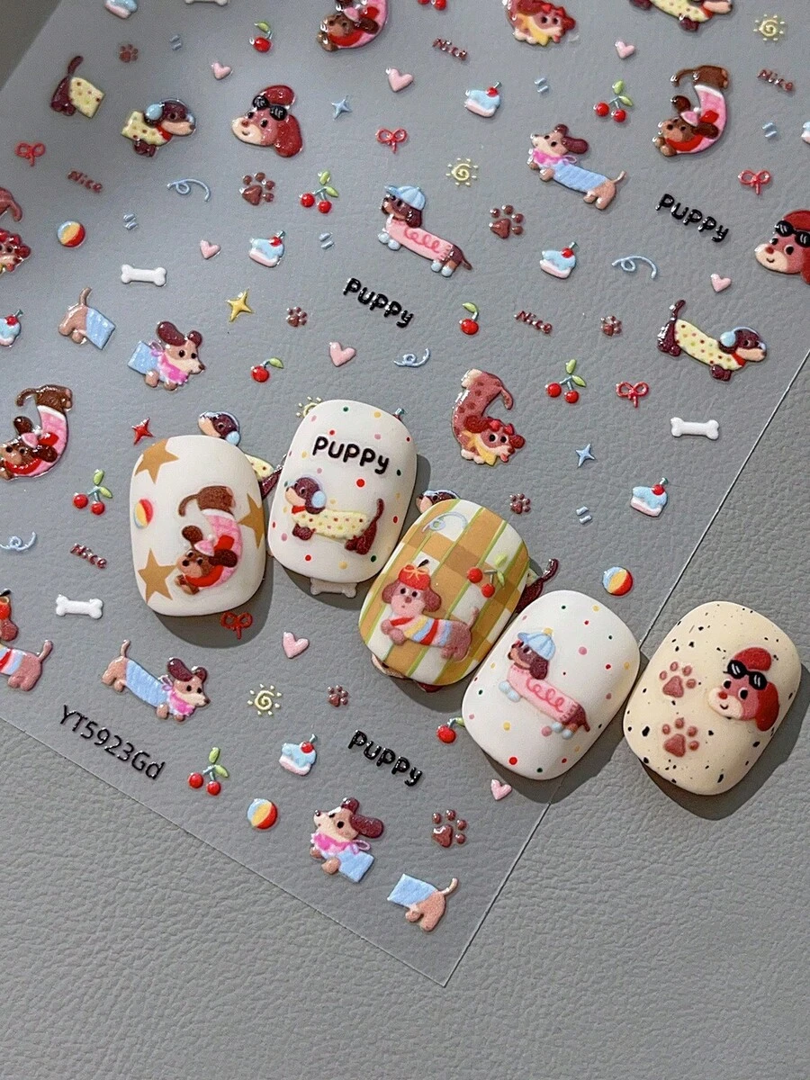 1 件可爱腊肠犬和樱桃心指甲贴纸 - 彩色 - 查看 1